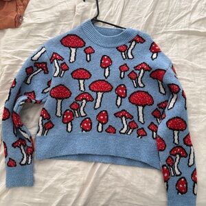 Zara Blue Sweater with Red Mushroom Design